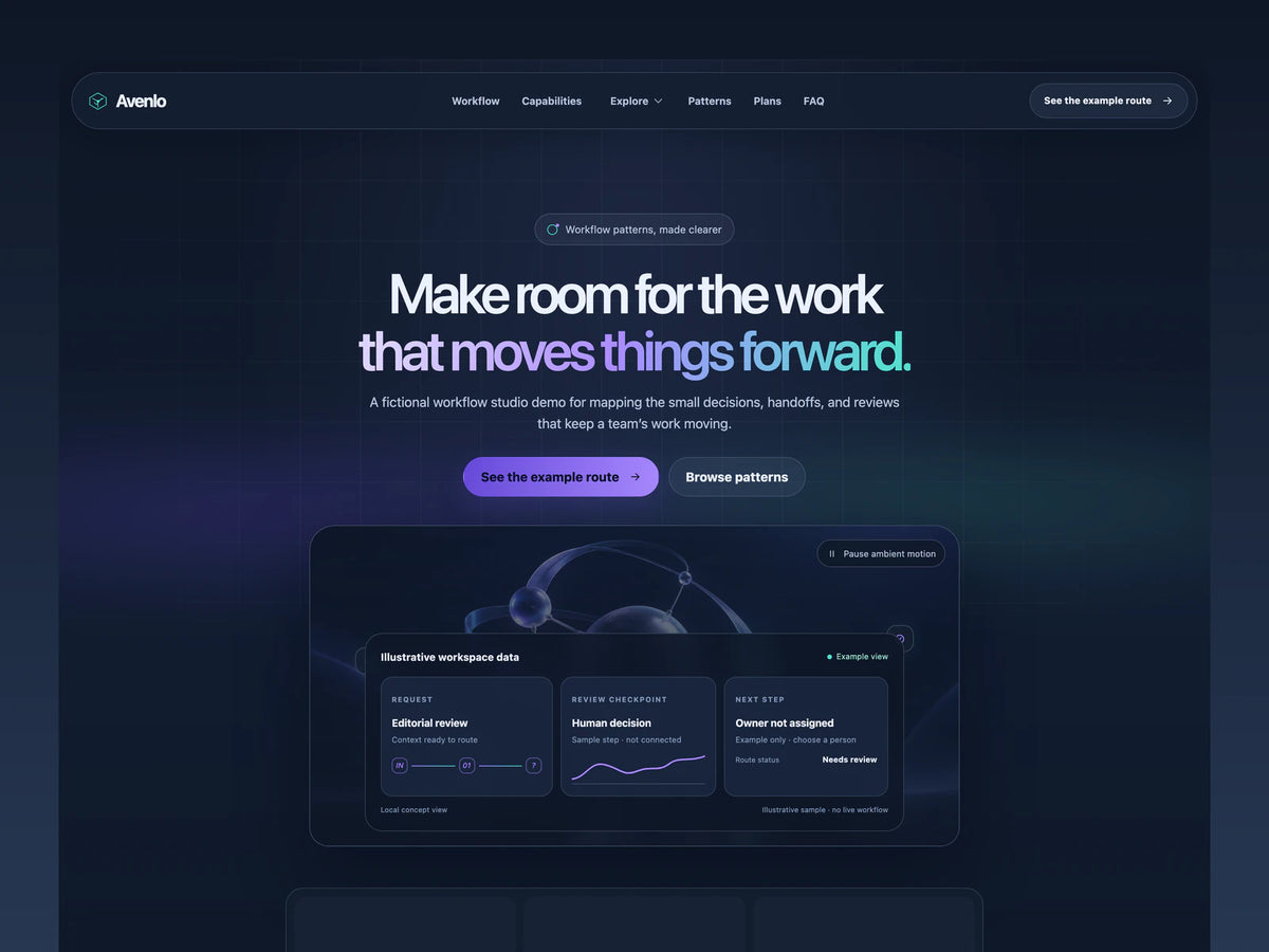 Avenlo workflow landing page with a dark blue dashboard, sample route cards and violet-aqua accents.