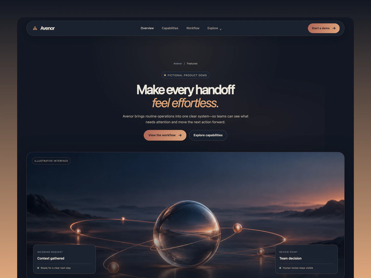 A dark Avenor workflow landing page with warm copper orbit artwork and a centered headline.