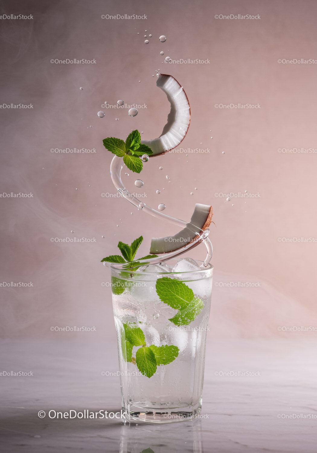 Refreshing mojito with coconut and fresh mint leaves