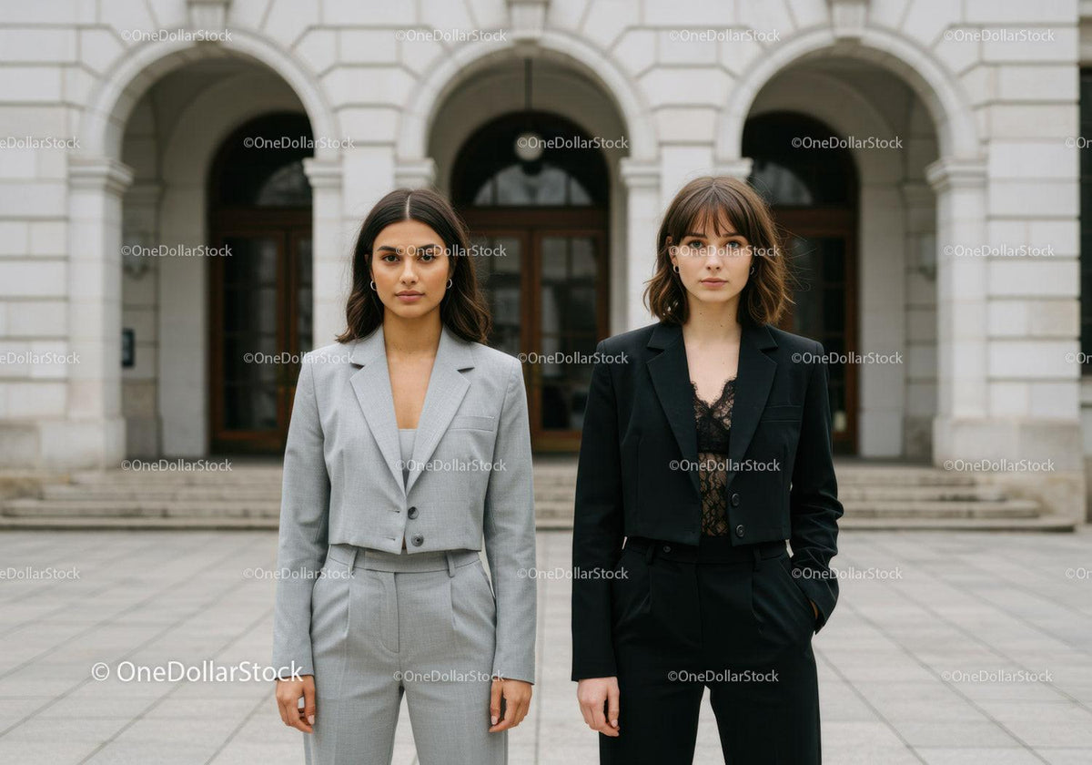 Stylish Businesswomen Standing Confidently in Front of Historic City Building