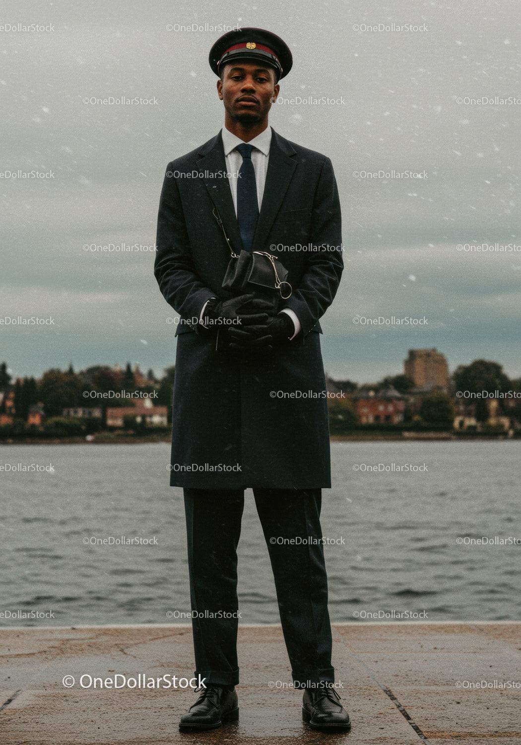 Confident doorman standing by the waterside in uniform