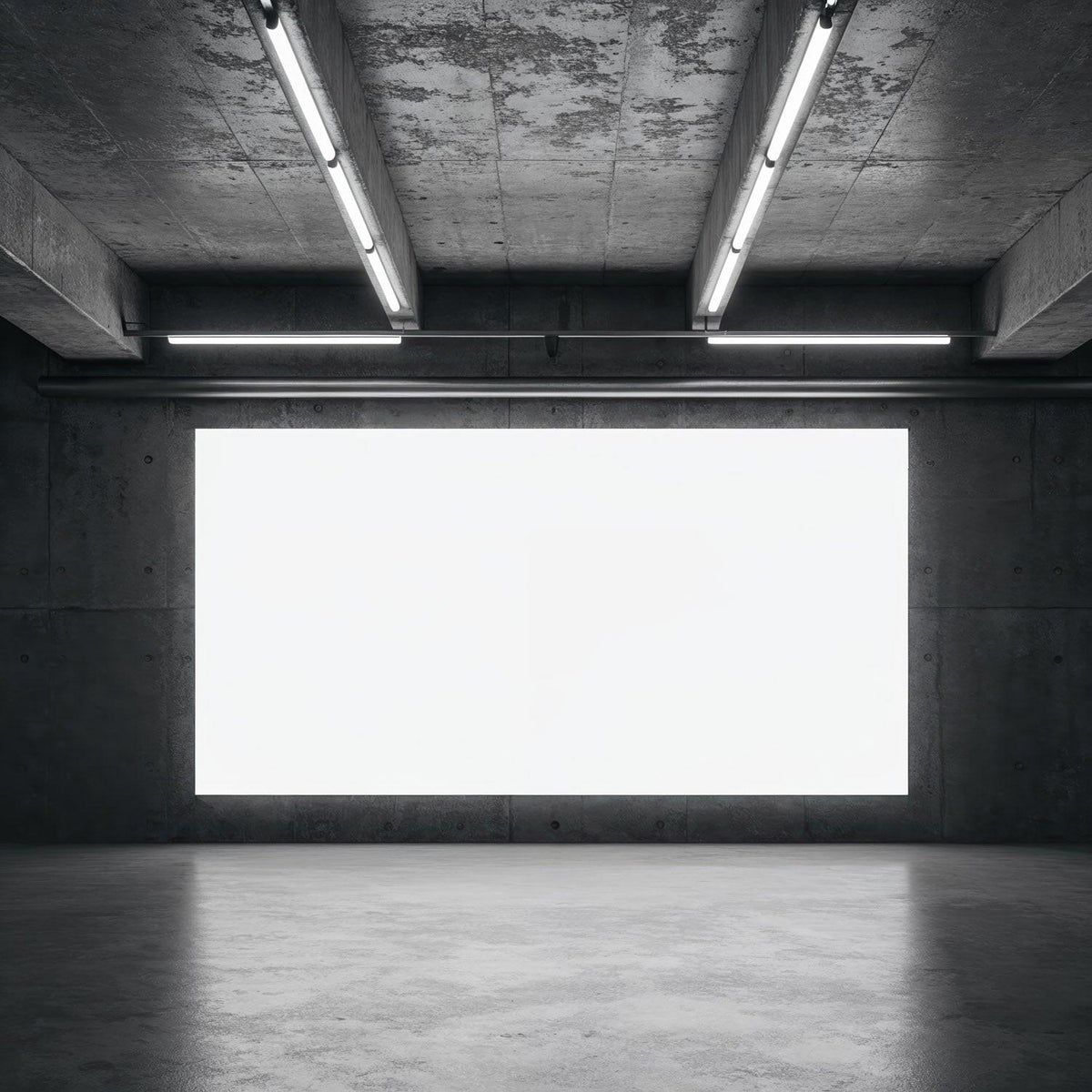 Minimalist concrete interior with large illuminated screen JPG Mockup Image preview