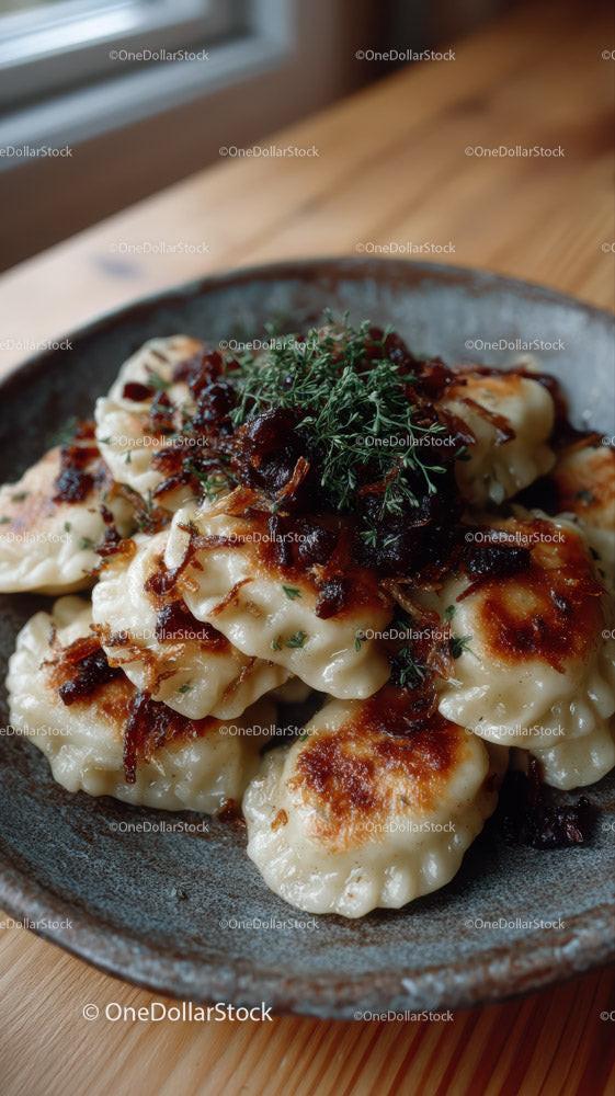 Delicious Asian Dumplings with Crispy Edges and Garnish