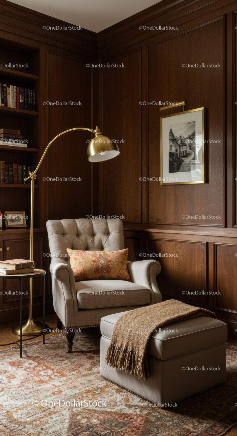 Cozy reading nook with tufted armchair and ottoman