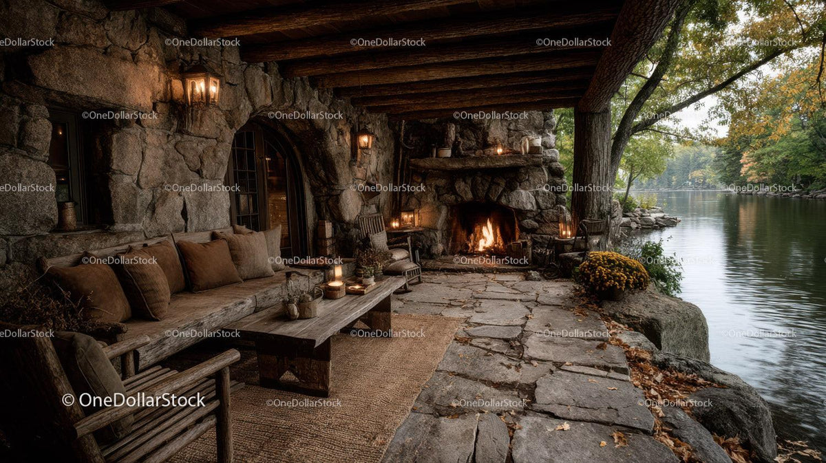 Rustic Riverside Cabin with Stone Fireplace Surrounded by Autumn Foliage Stock Photo Bundle preview 16