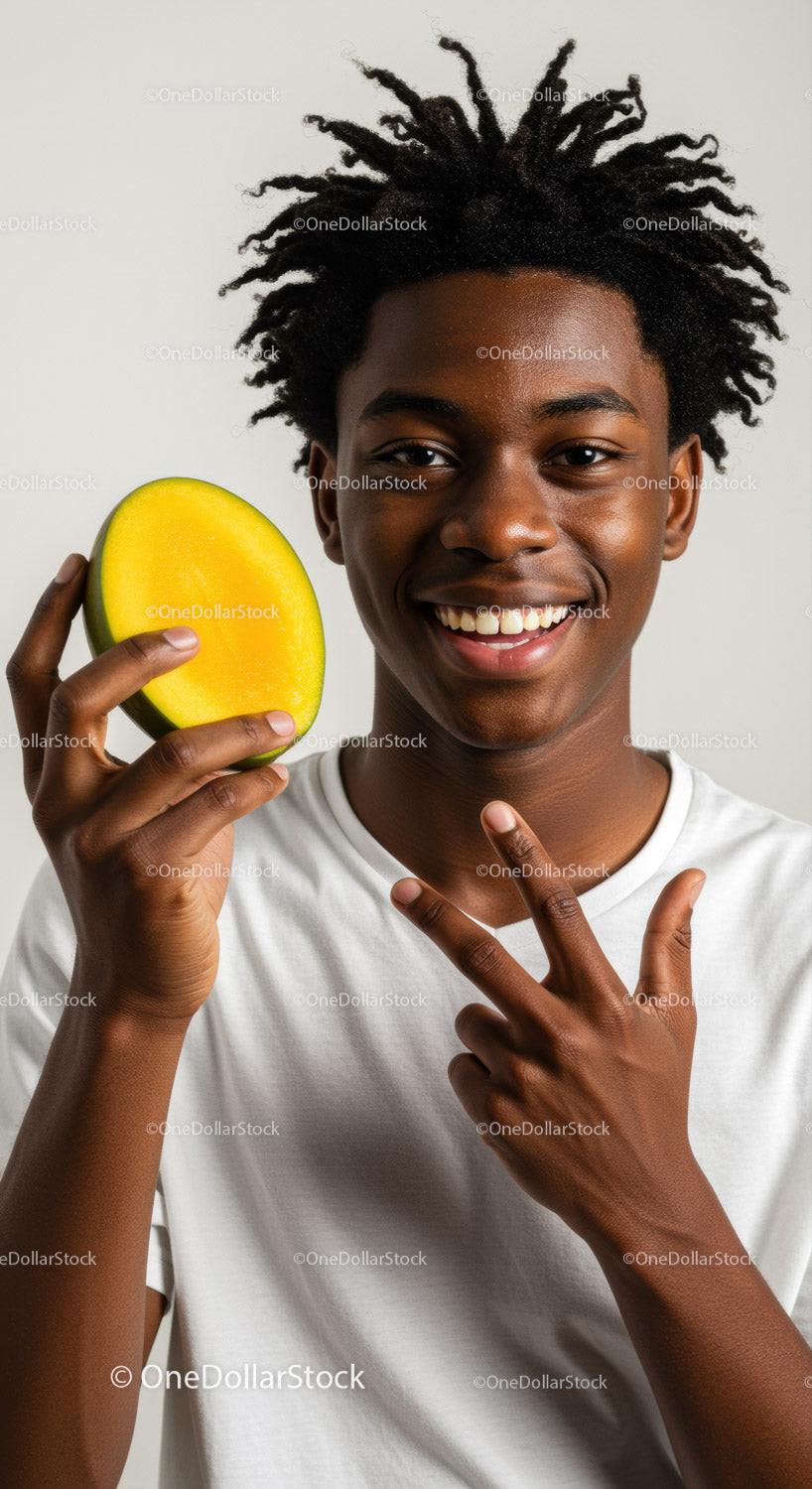 Young Man with Dreadlocks Holding Yellow Mango Smiling at Camera