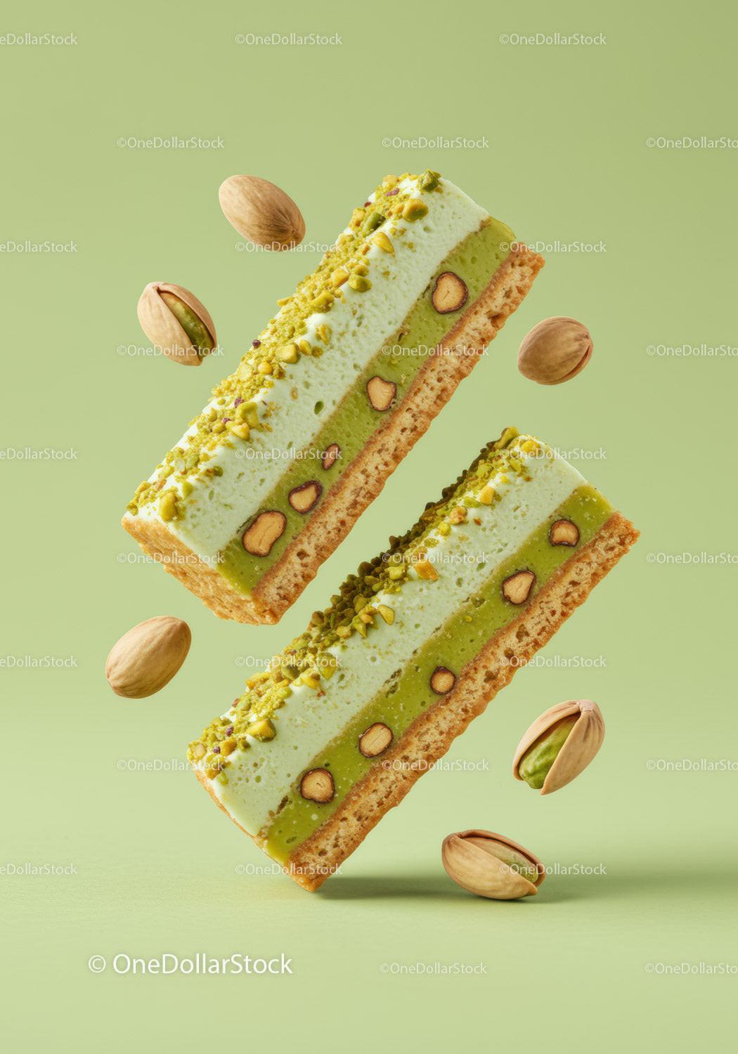 Delicate pistachio cream bars with crunchy nuts