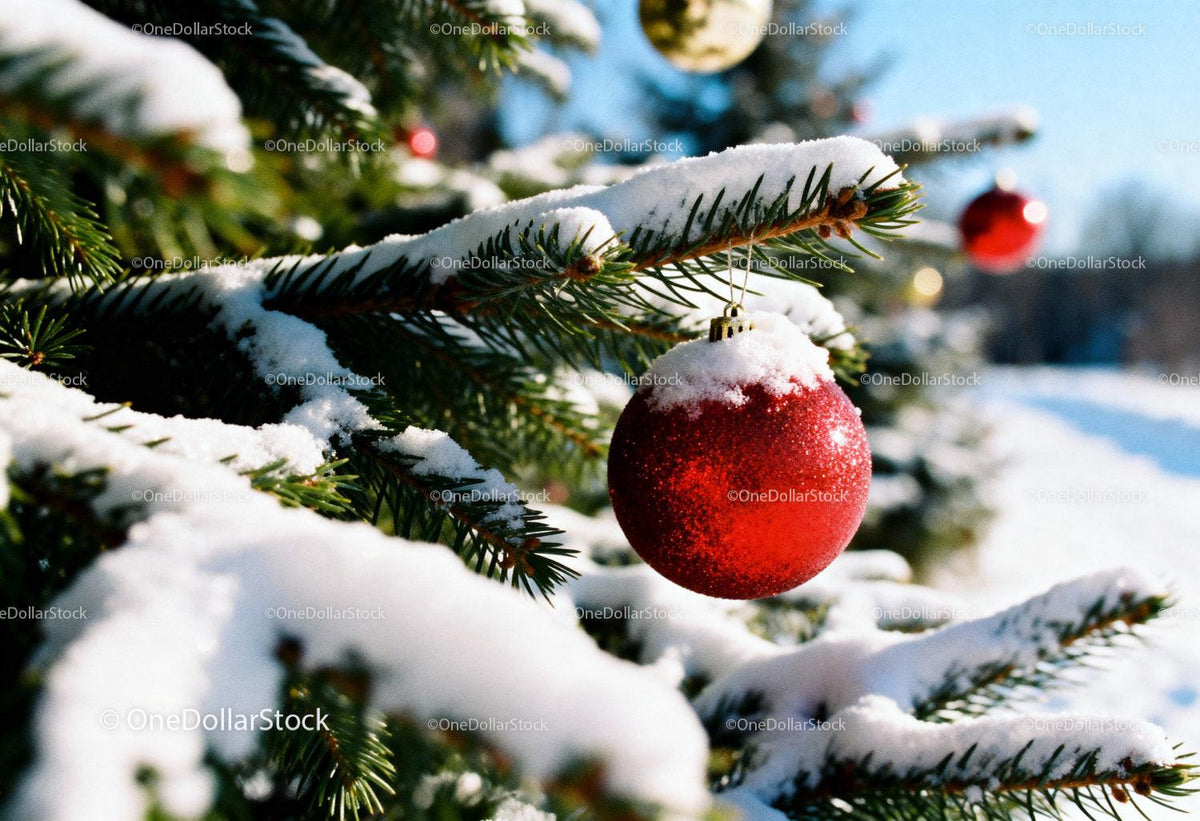 Snowy red Christmas ornament hanging on fir branch