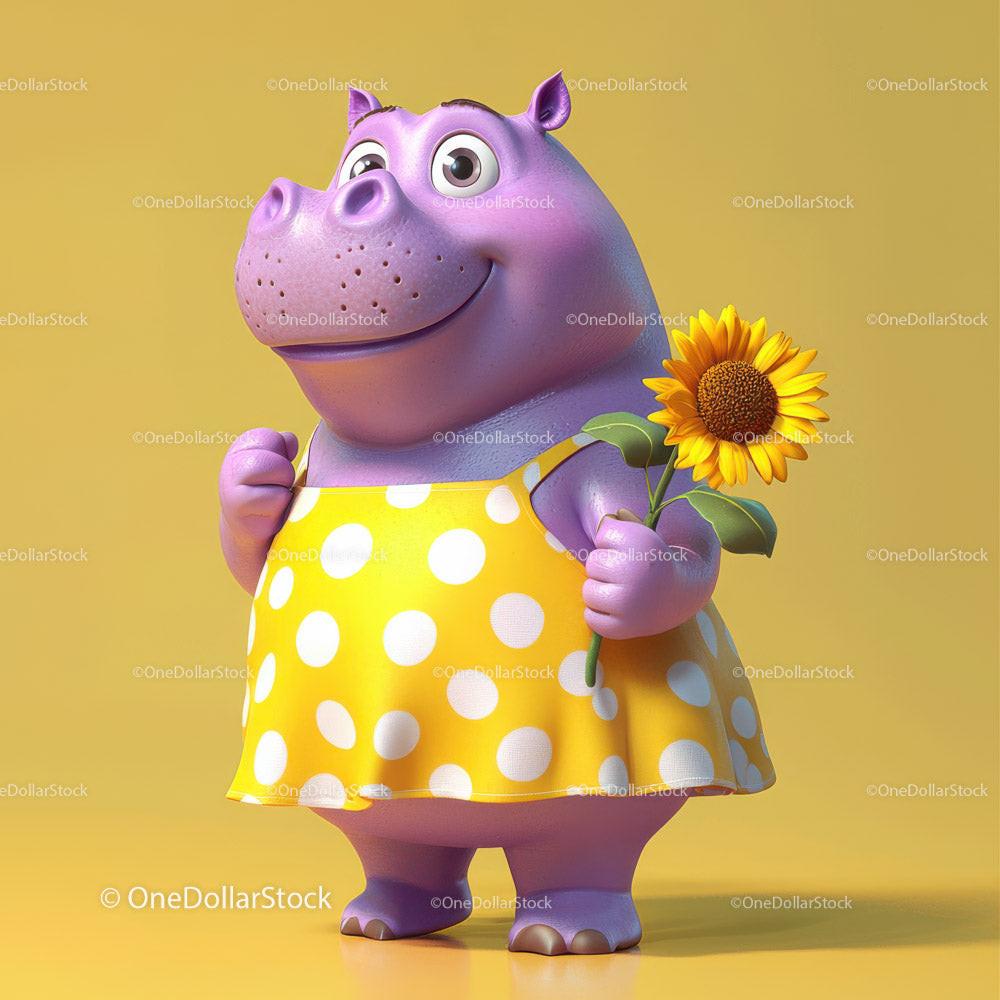 Cute Cartoon Hippo Holding Sunflower in Yellow Dress for Kids Illustration Stock Photo Bundle preview 37