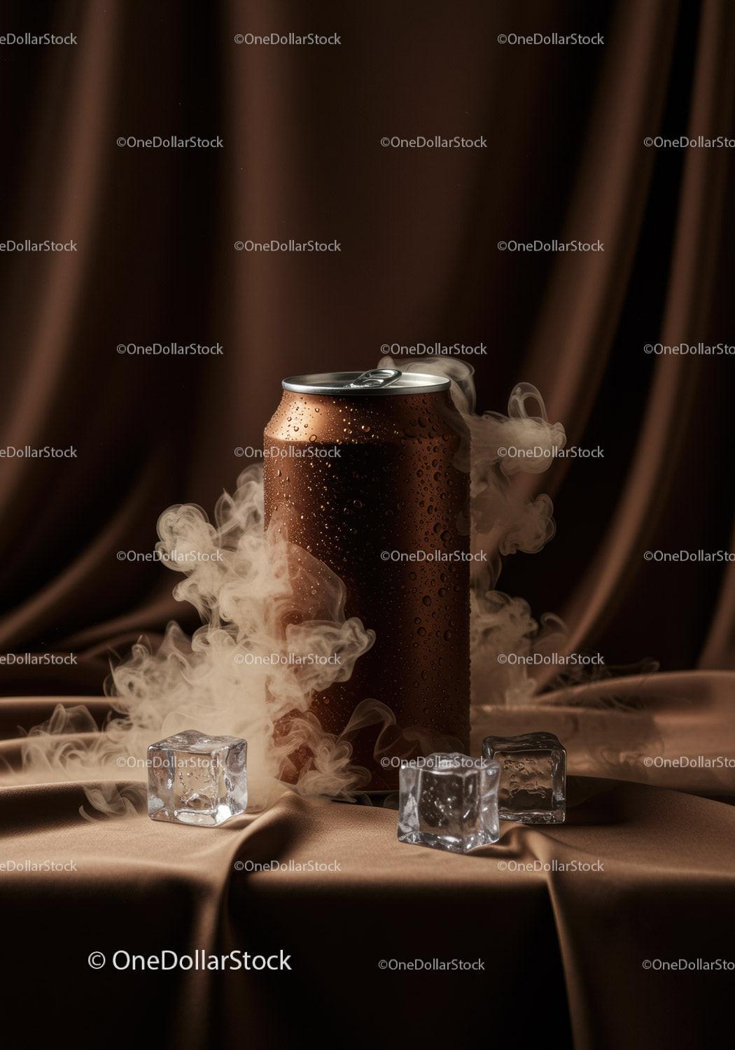 Chilled soda can with ice and mist on fabric