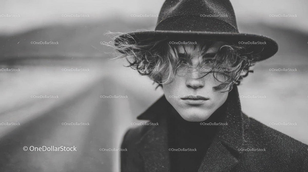 Black and White Fashion Portrait of Young Man with Curly Hair and Vintage Hat