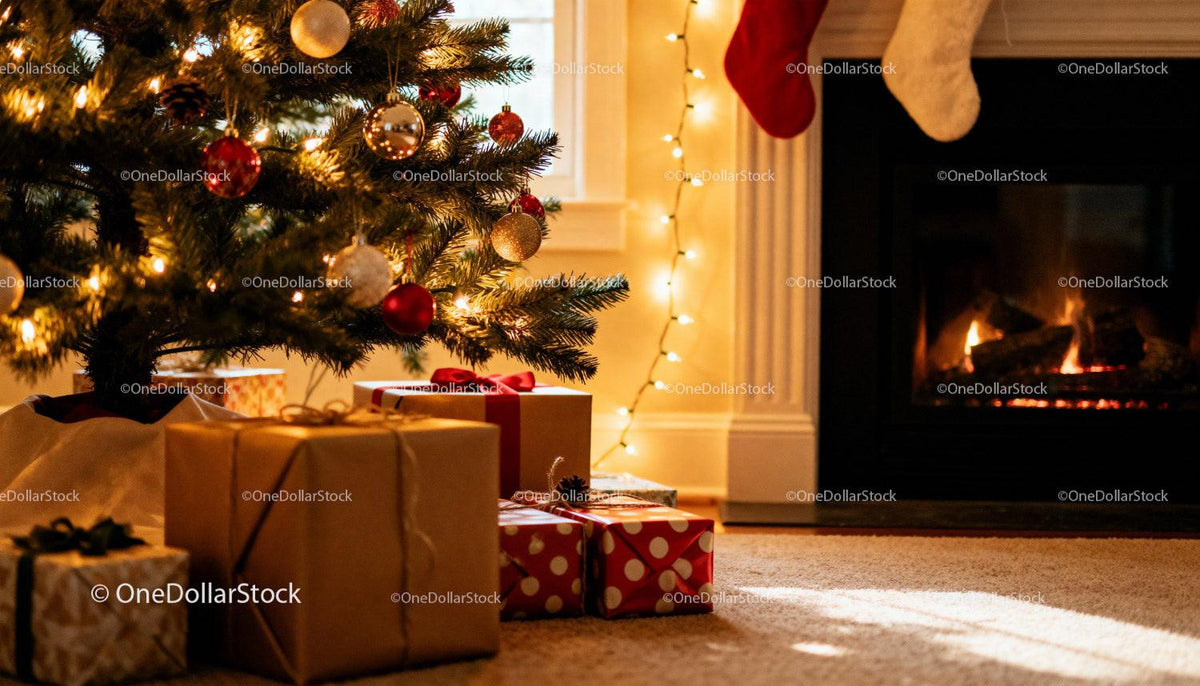 Christmas tree with gifts by cozy fireplace and stockings