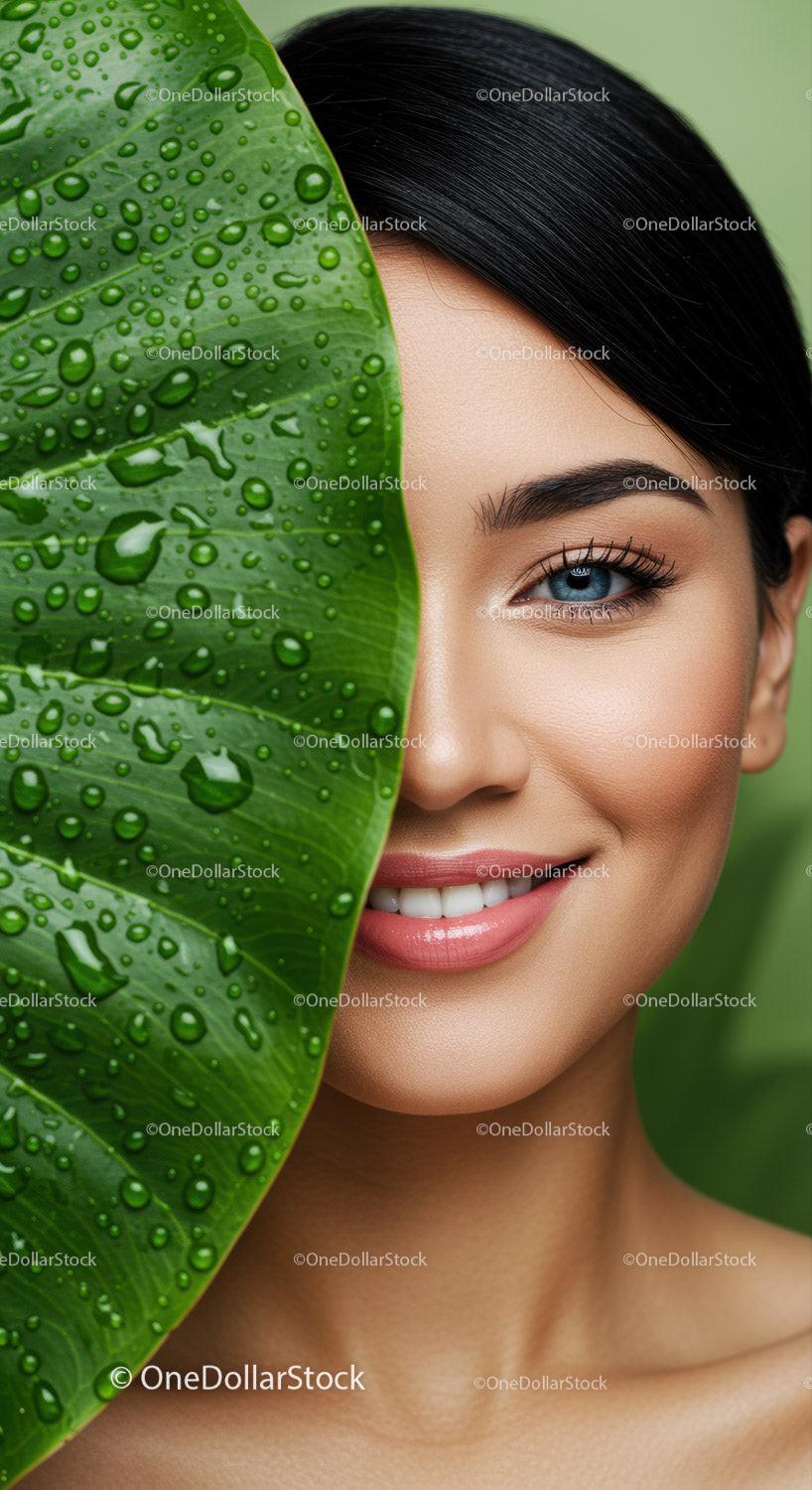 Beautiful Woman with Blue Eyes and Black Hair Behind Leaf