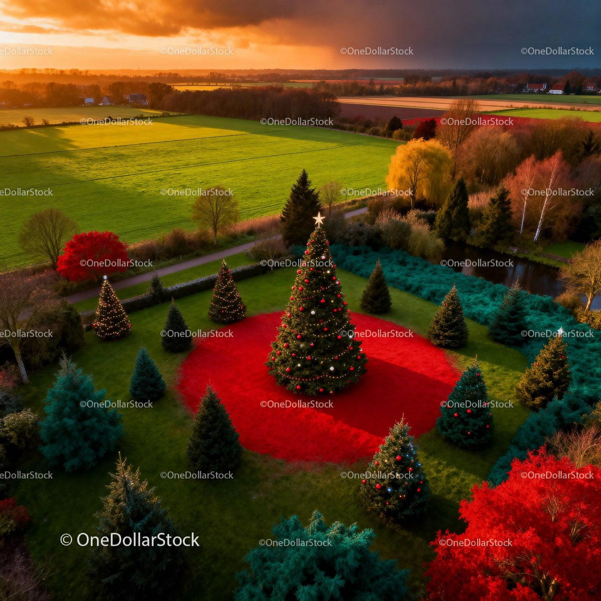 Decorated Christmas tree in colorful garden landscape
