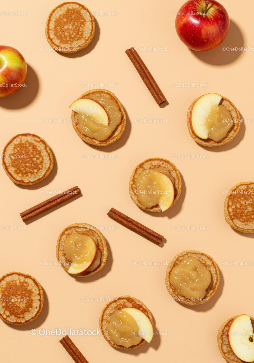 Mini pancakes with apple slices and cinnamon sticks