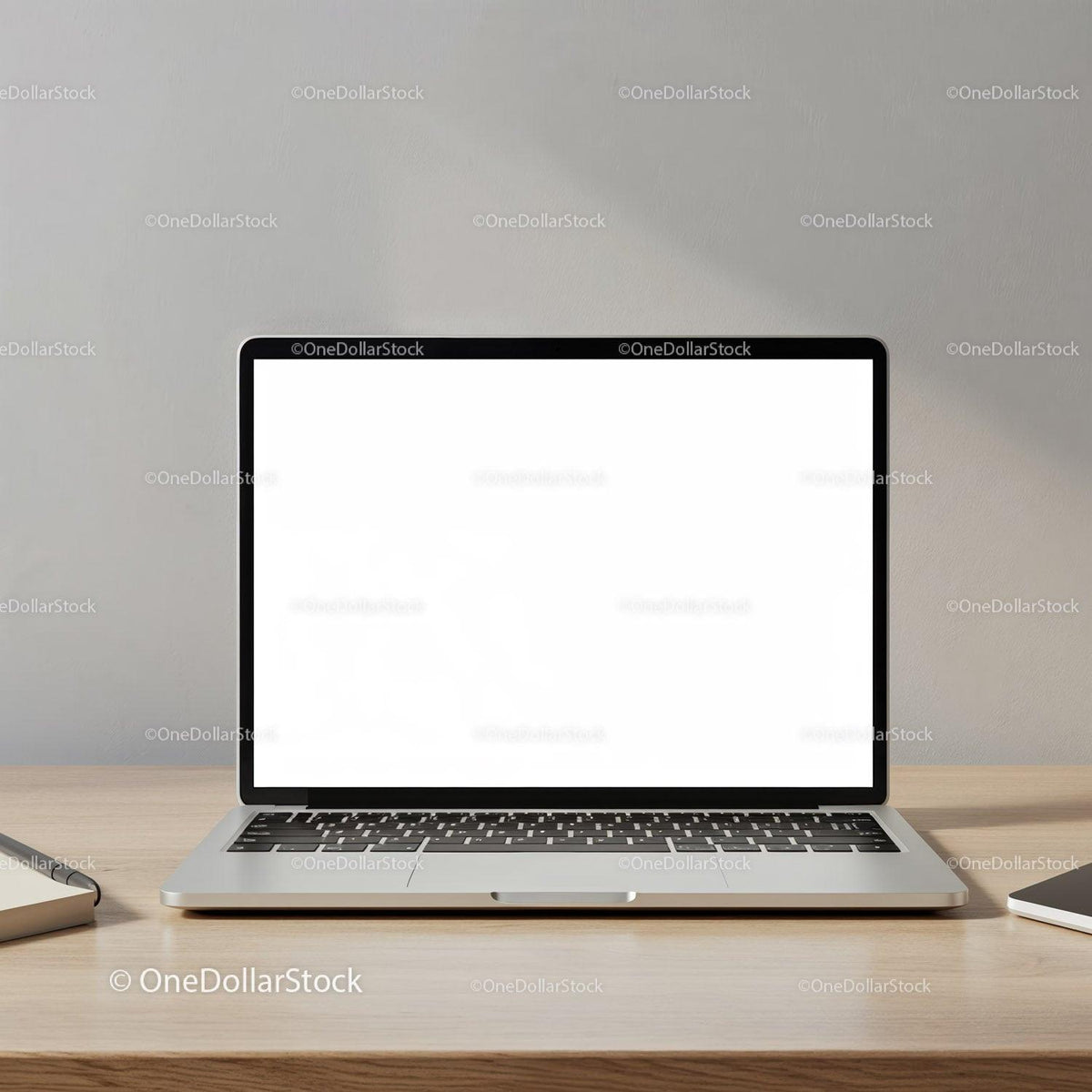 Modern laptop with blank screen on wooden desk JPG Mockup Image preview