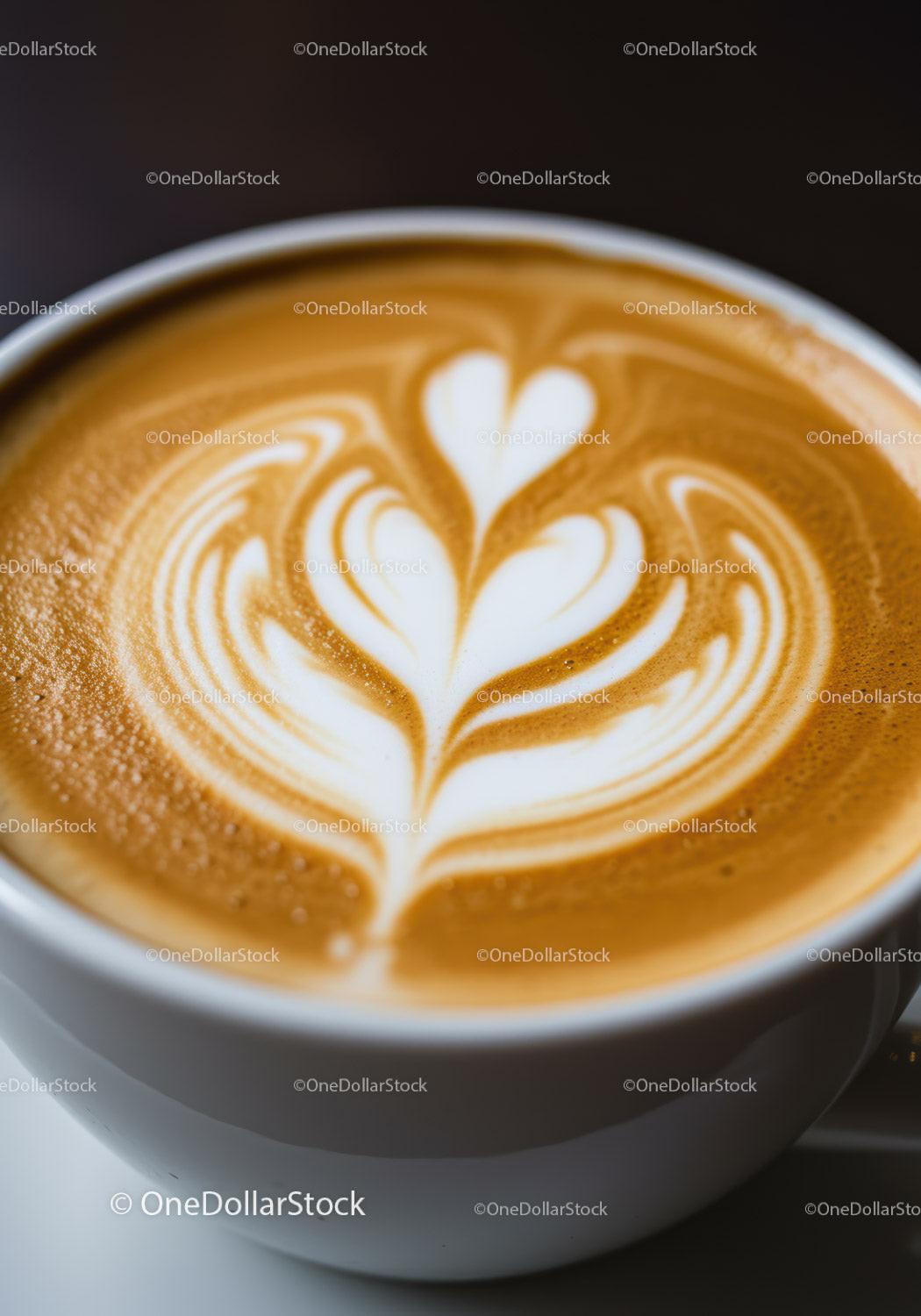 Closeup of latte art with leaf and heart design