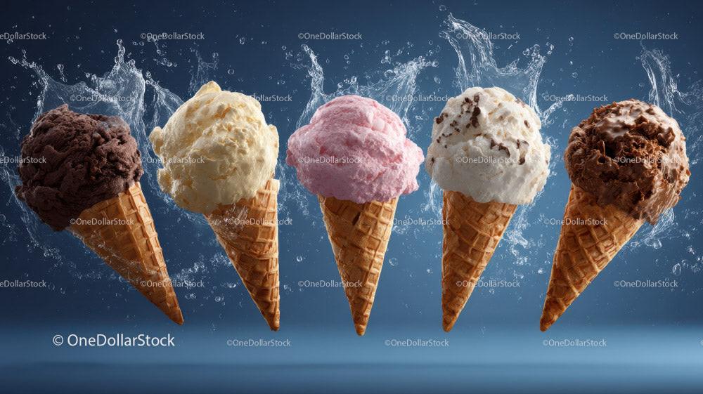 Colorful Ice Cream Scoops in Waffle Cones Splashing Water Stock Photo Bundle preview 14