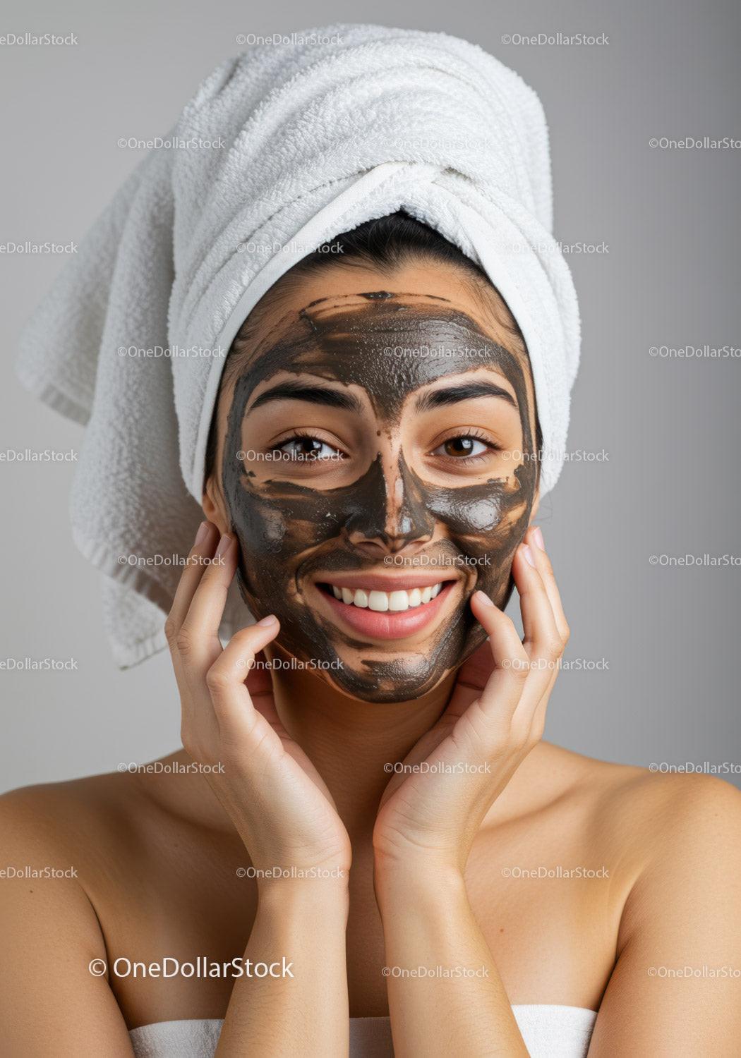 Smiling Woman Applying Facial Mask with Towel Wrapped Hair