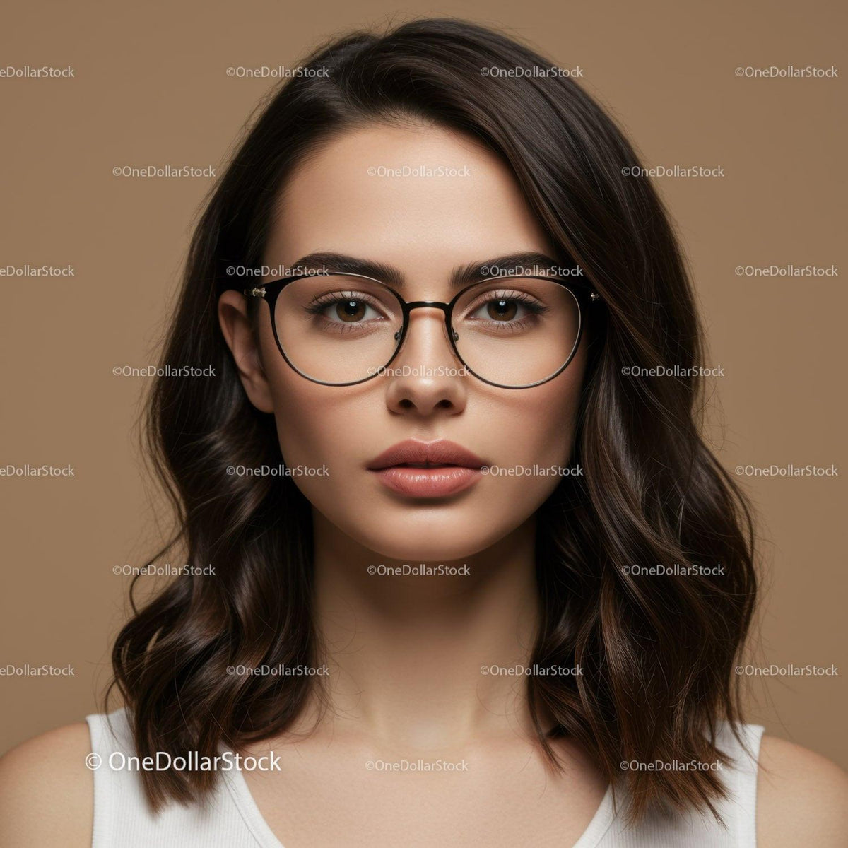 Stylish Woman with Glasses and Wavy Brown Hair in Elegant Portrait