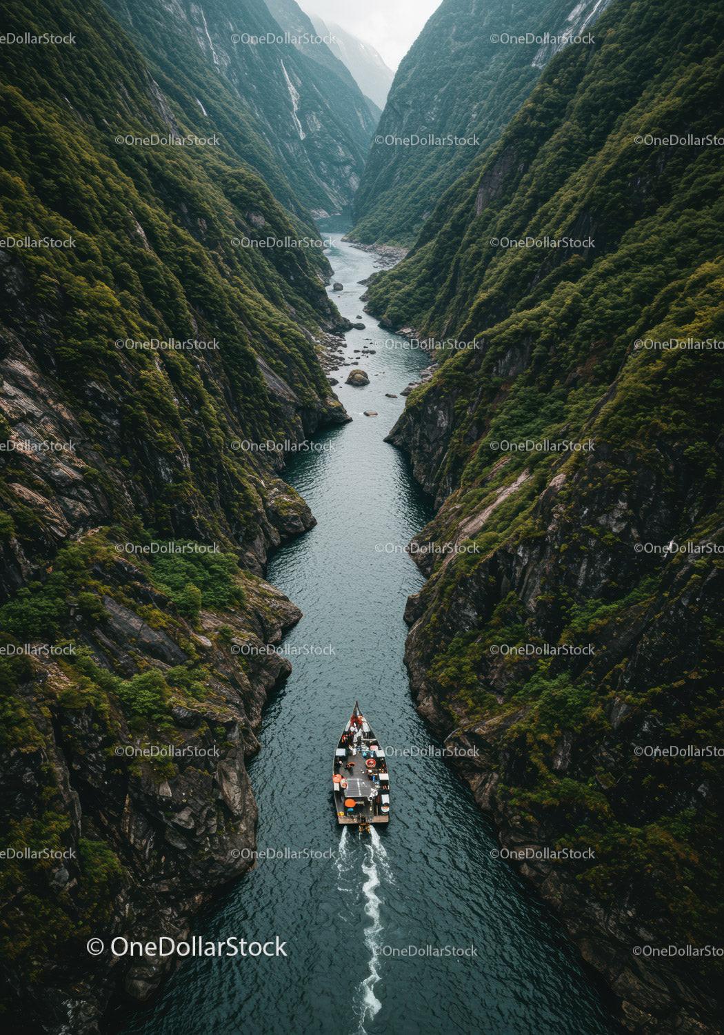 Scenic Fjord Canyon with Mountain Cliffs and Boat in Serene Water