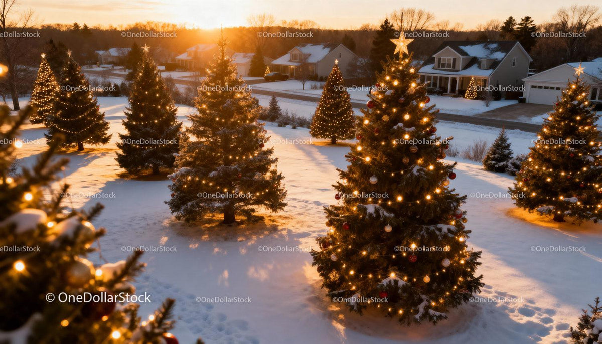 Sunset Glow on Snowy Yard with Decorated Christmas Trees