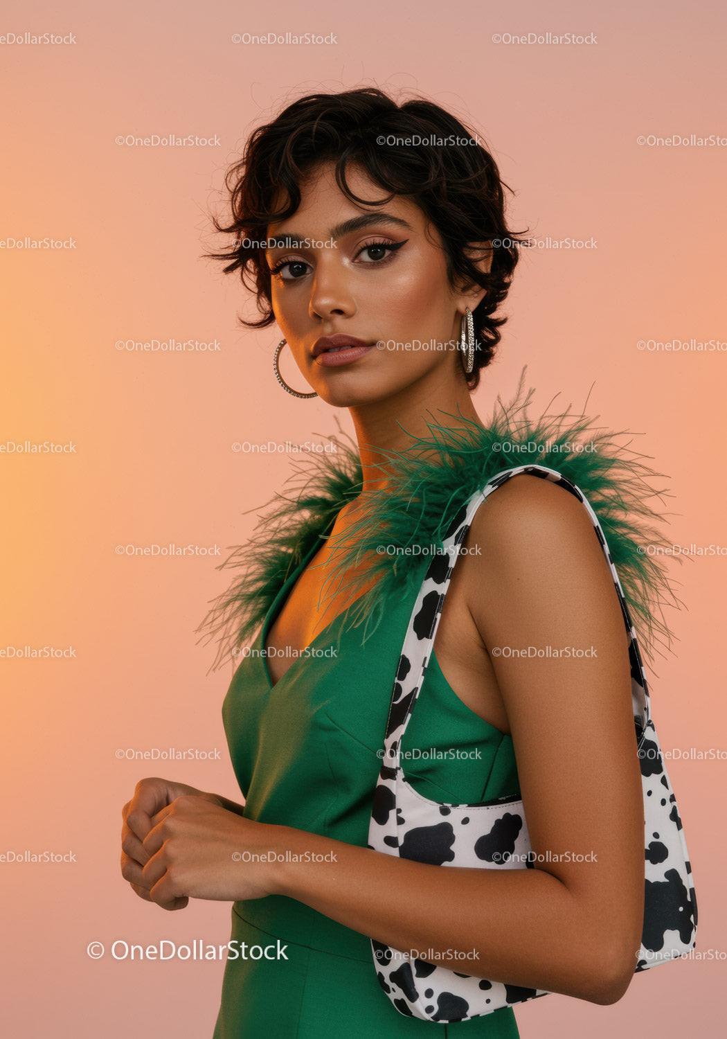 Elegant Woman in Green Dress with Feathered Accessory and Cowl Hair