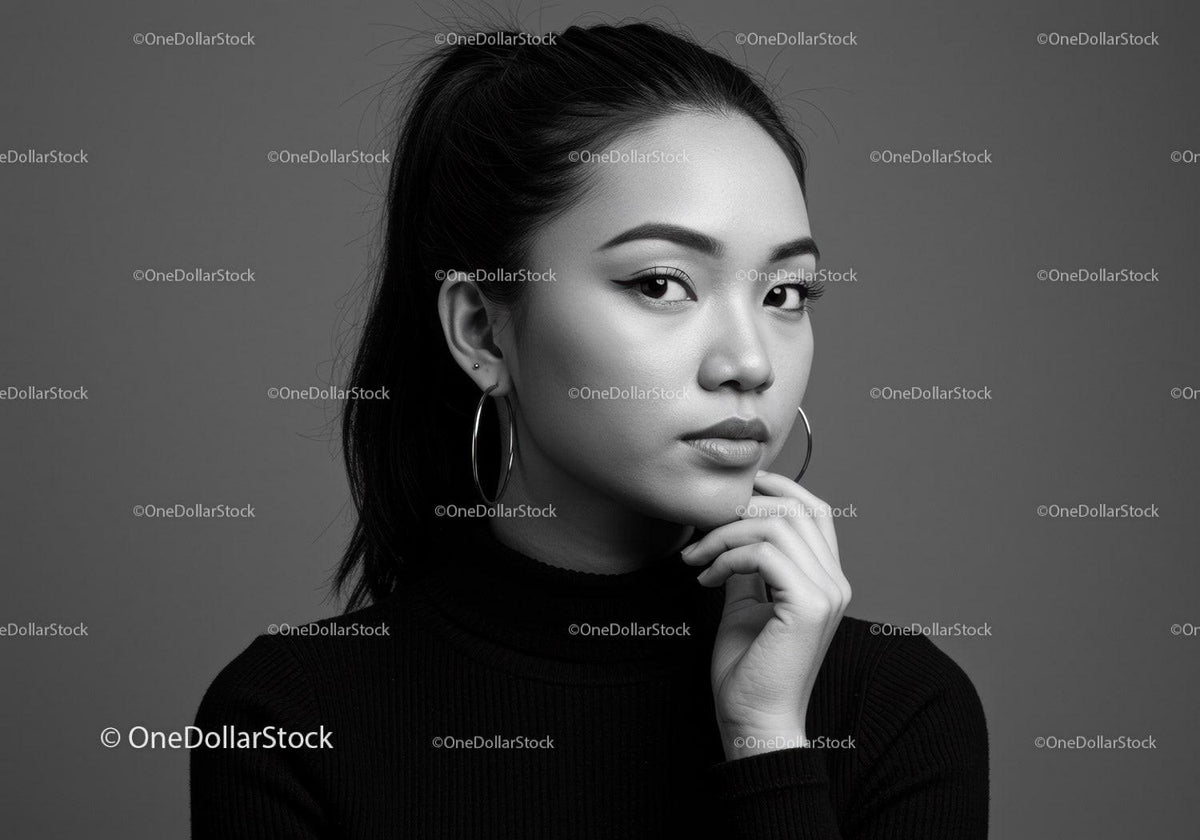 Elegant Female Portrait in Black and White with Hoop Earrings