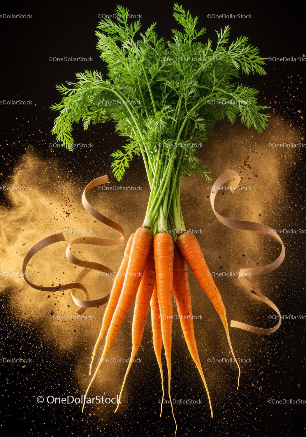 Fresh carrots with green tops on dark background