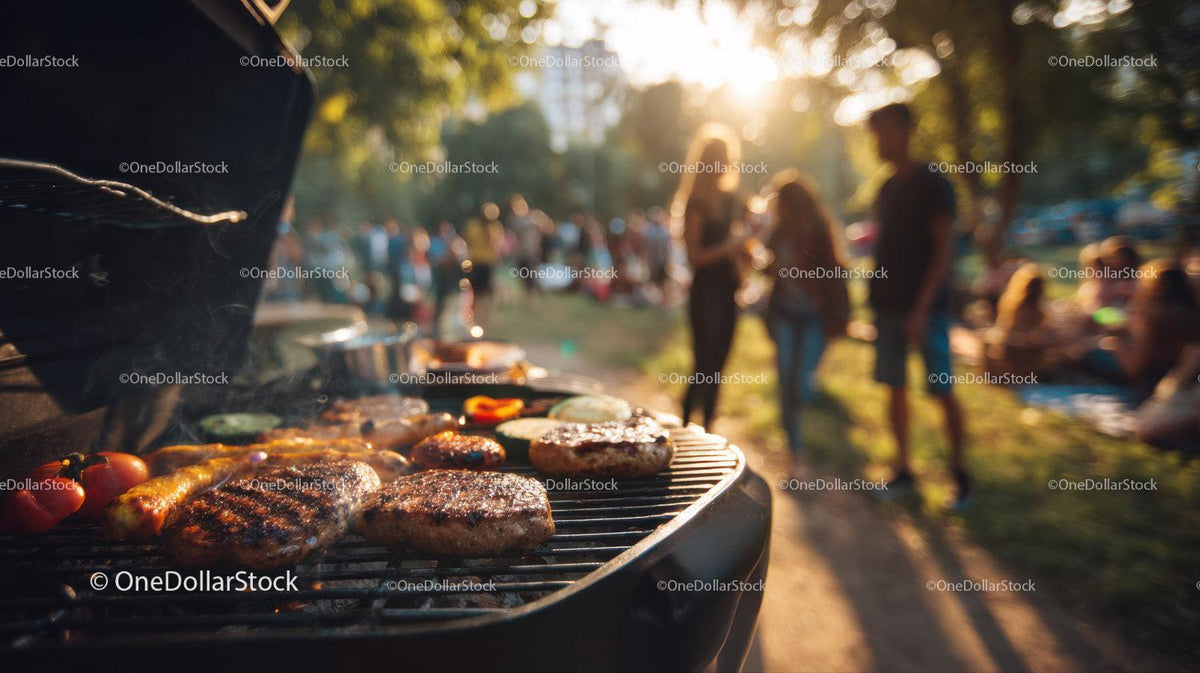Outdoor Barbecue with Grilled Burgers and Vegetables in Park