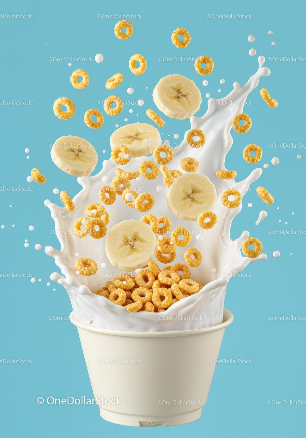 Splash of Milk with Cereal Rings and Banana Slices JPG Mockup Image preview