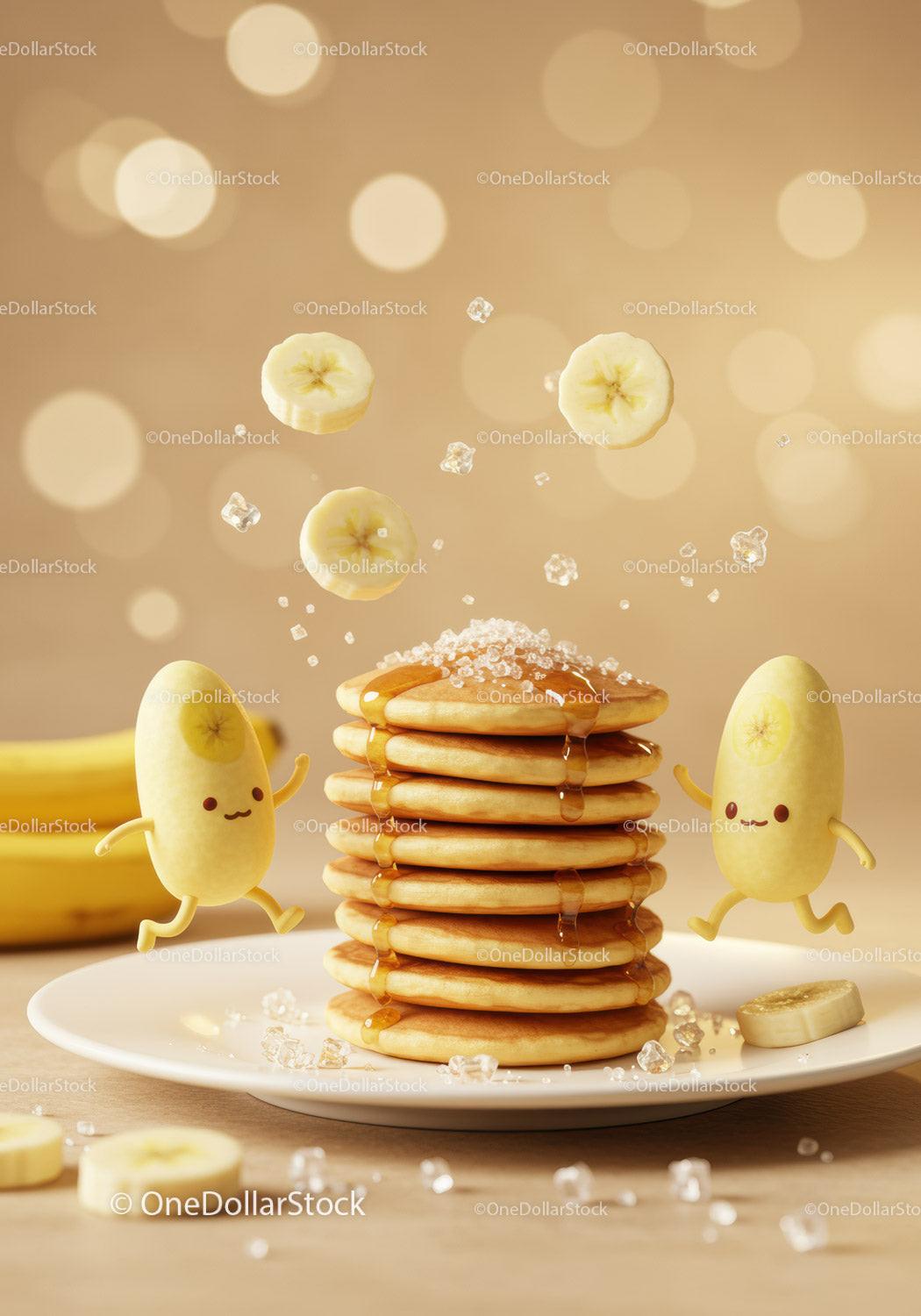 Stack of pancakes with syrup and playful banana characters