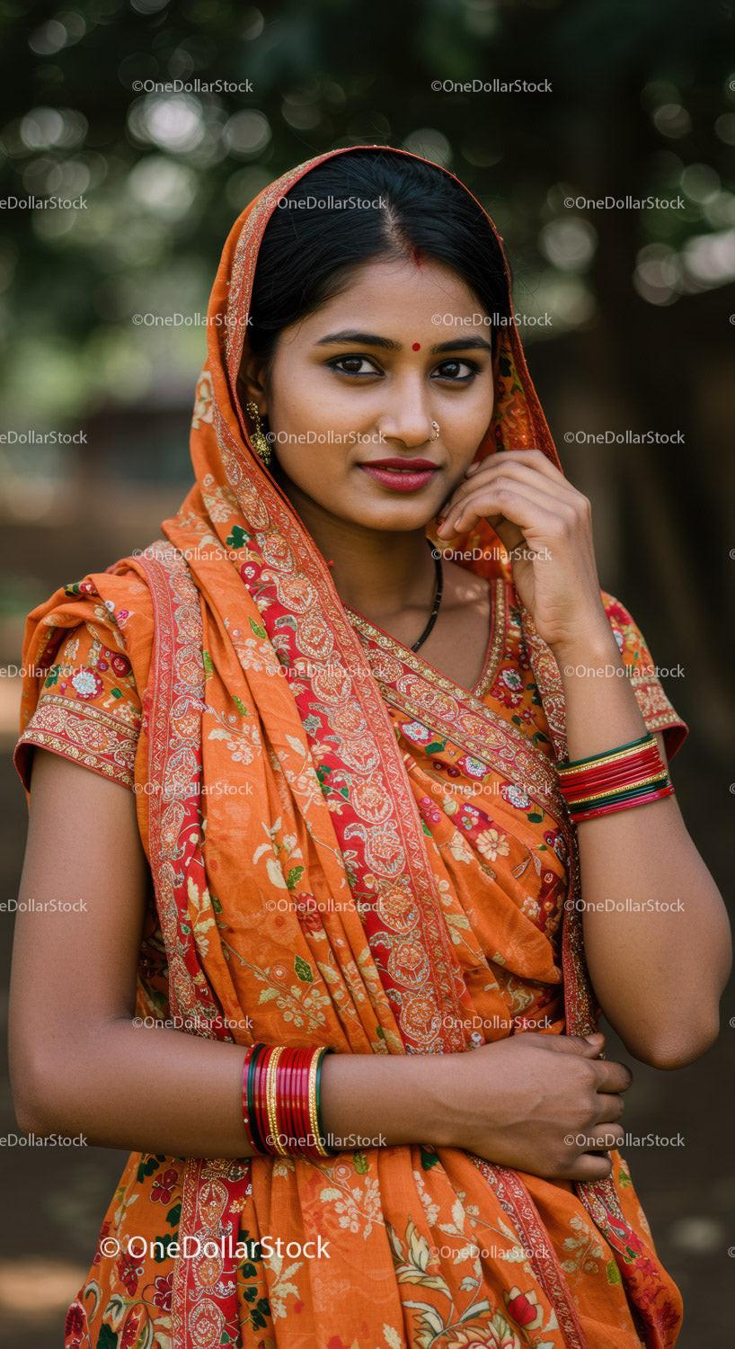 Elegant Indian Woman in Vibrant Sari with Jewelry in Outdoor Setting