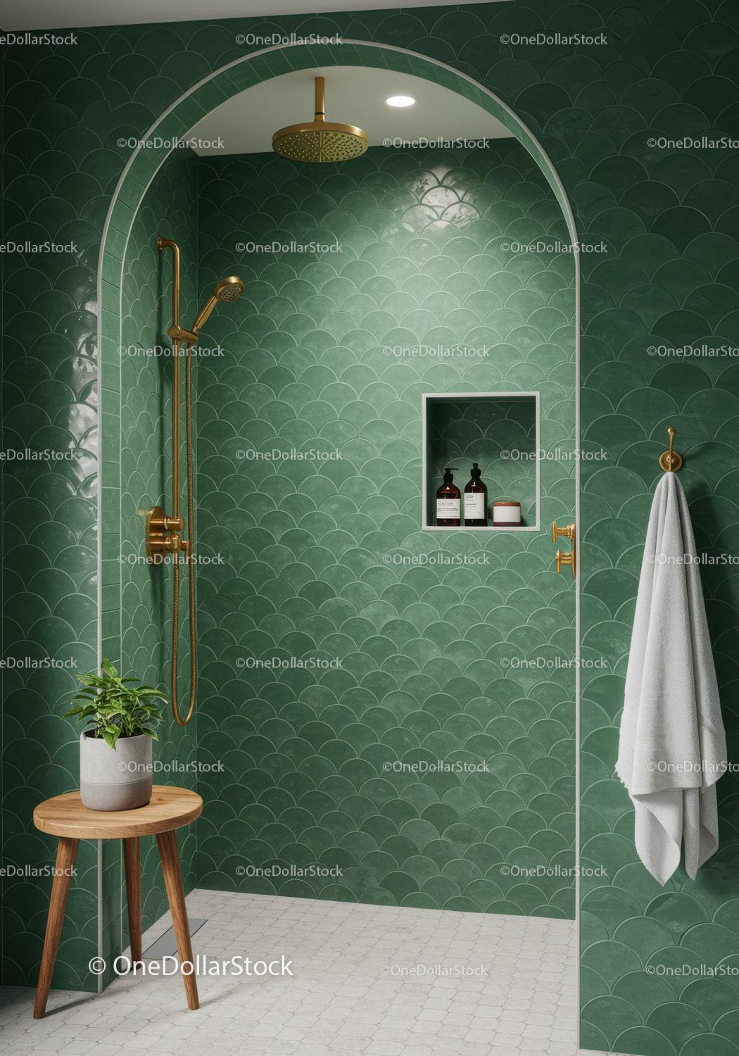 Modern green tiled shower with gold fixtures and wooden stool