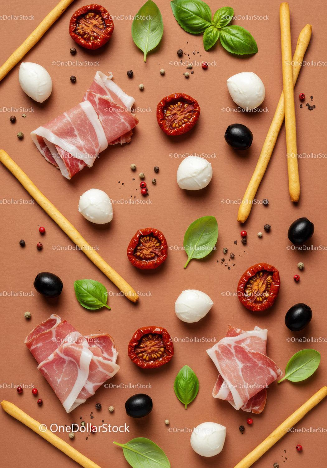 Mediterranean ingredients flat lay with prosciutto and basil