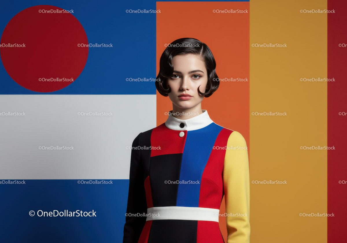 Fashion model in vibrant color-blocked outfit with artistic backdrop