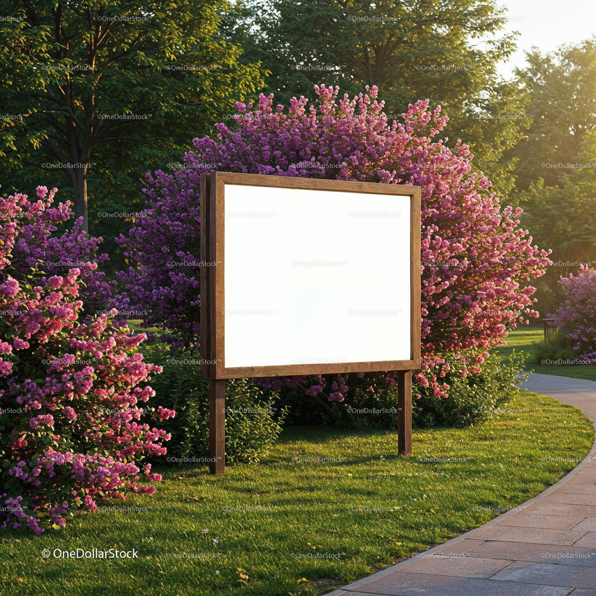 Blank wooden signboard among vibrant lilac bushes in park JPG Mockup Image preview