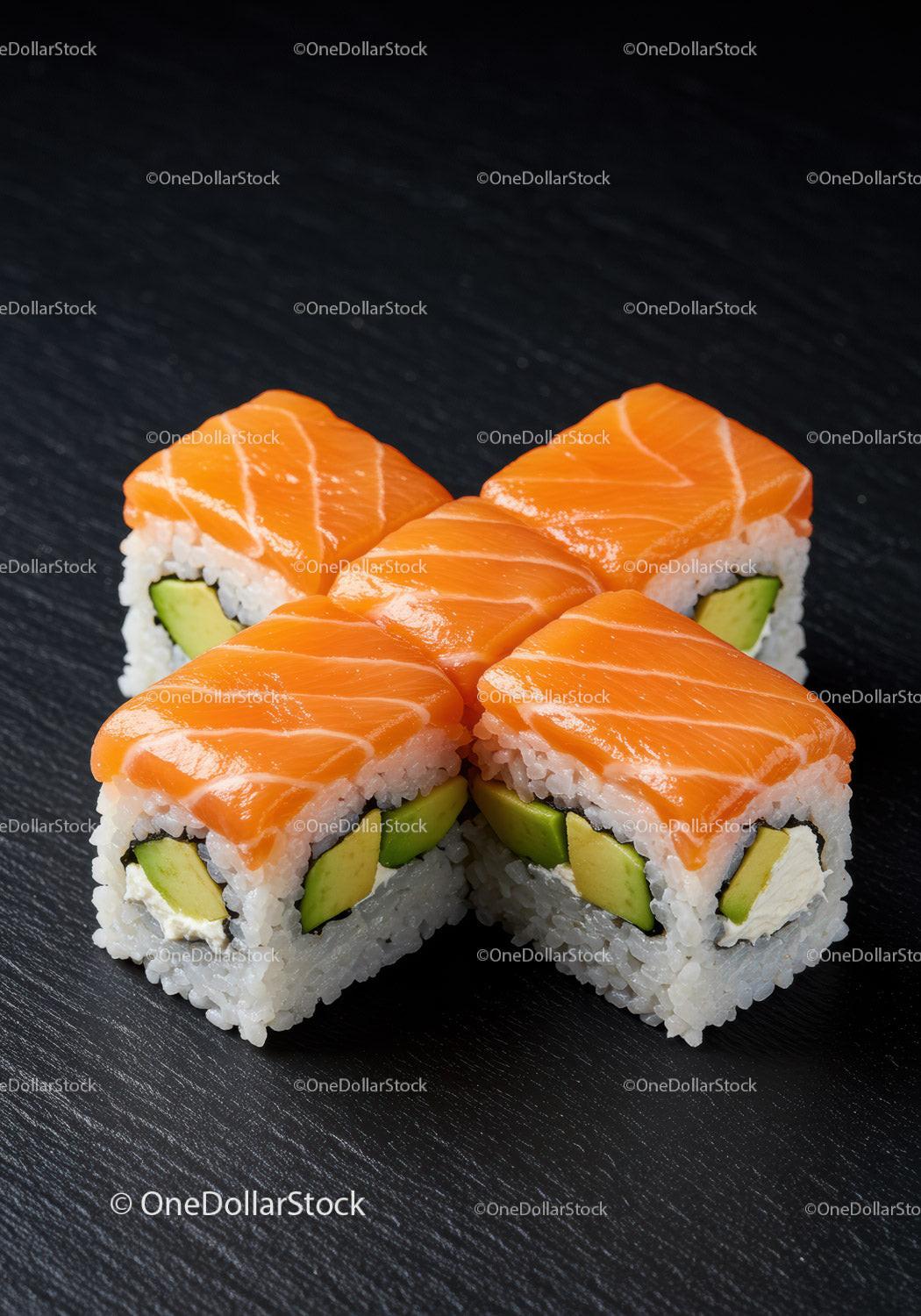 Fresh salmon sushi rolls with avocado on dark surface