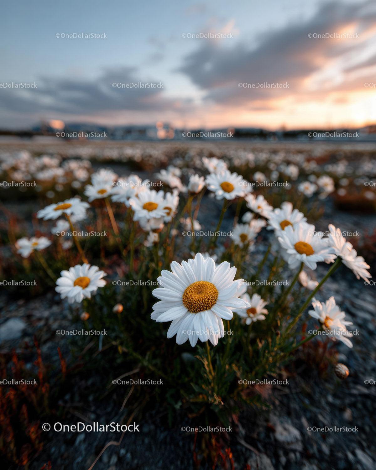 Wild Daisies Blooming in Meadow at Sunset Sky Stock Photo Bundle preview 16