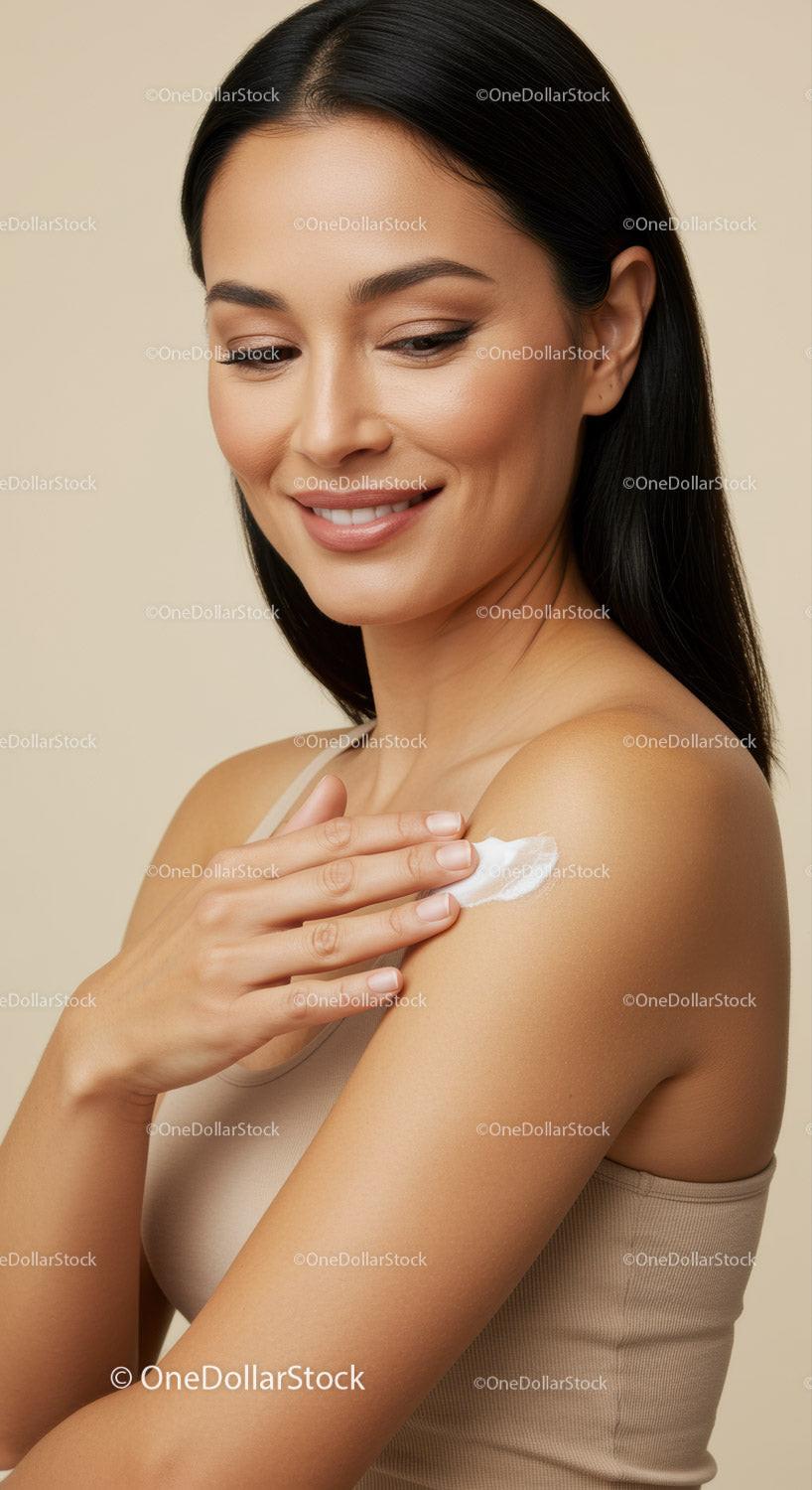 Woman Applying Lotion to Shoulder for Healthy Glowing Skin