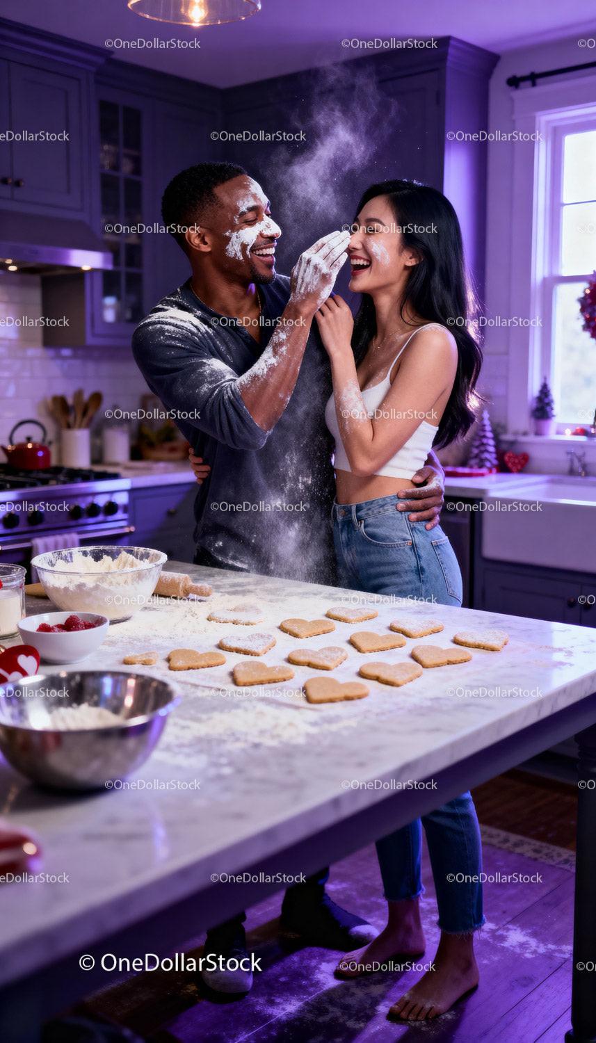 Couple Playfully Baking Heart Cookies Together