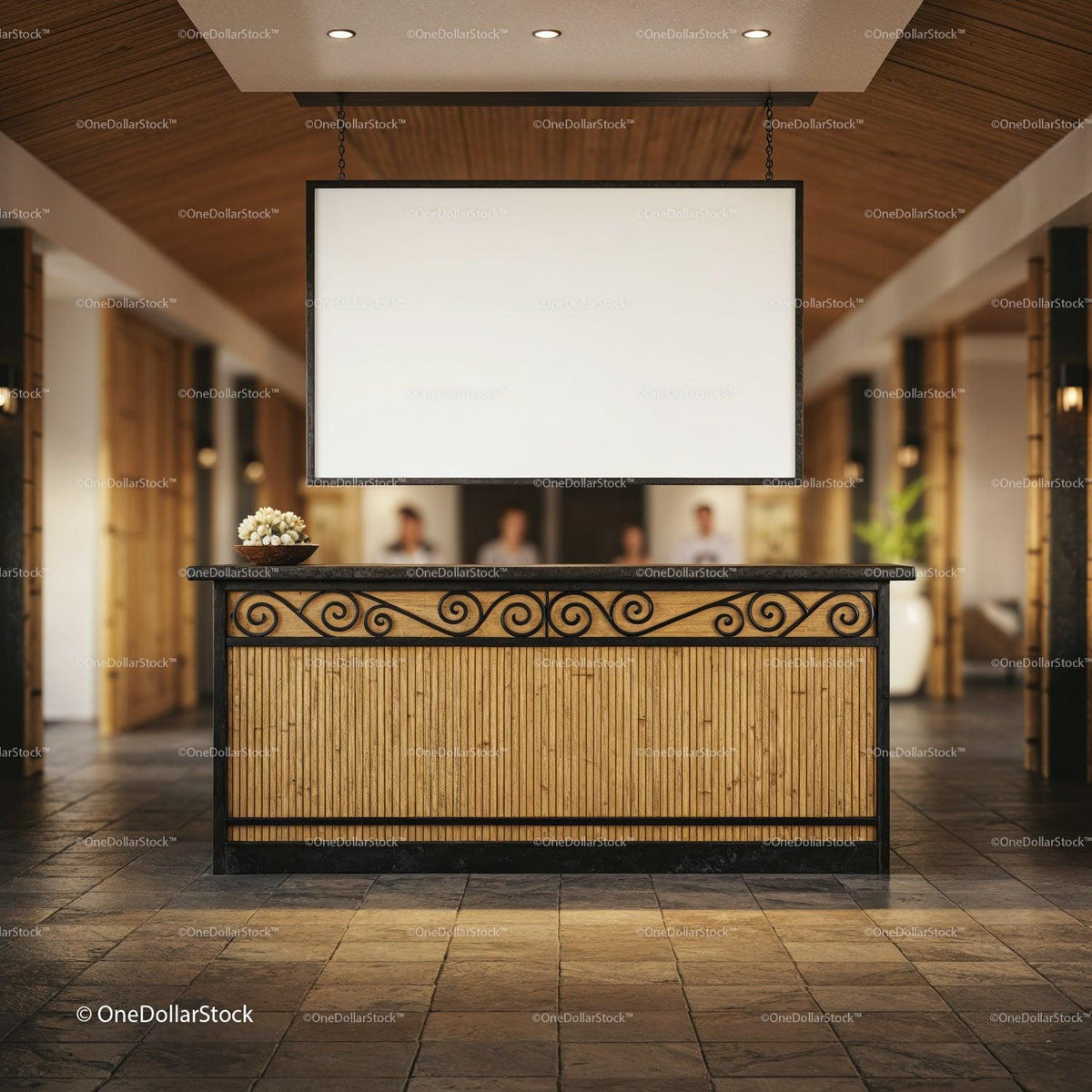 Elegant wooden reception desk in warm hotel lobby JPG Mockup Image preview