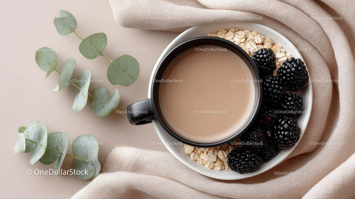 Coffee with Blackberries and Oats on Soft Linen Surface