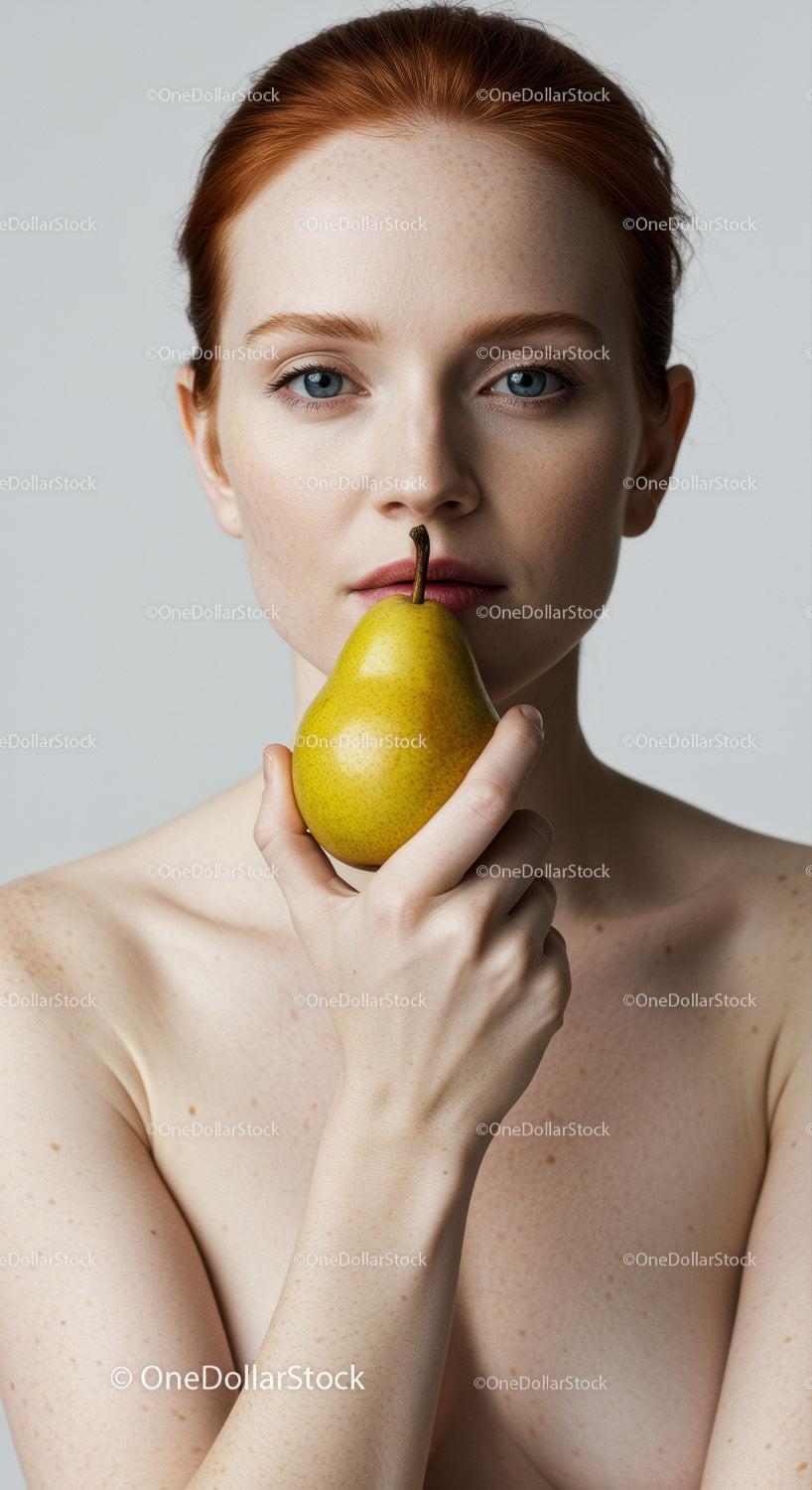 Portrait of a Red-Haired Woman Holding a Pear with Freckles and Blue Eyes