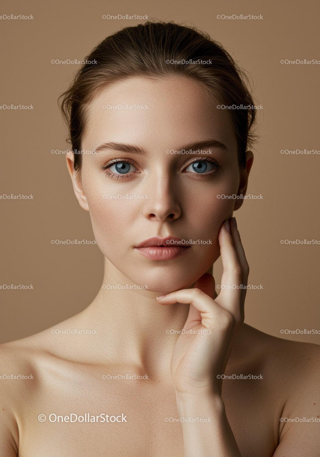 Close-up Portrait of a Young Woman with Blue Eyes and Flawless Skin