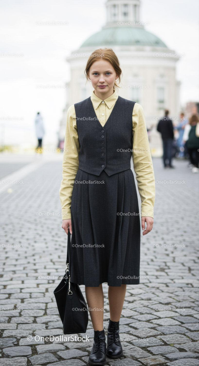 Elegant Young Woman in Vintage Business Outfit in Urban Setting