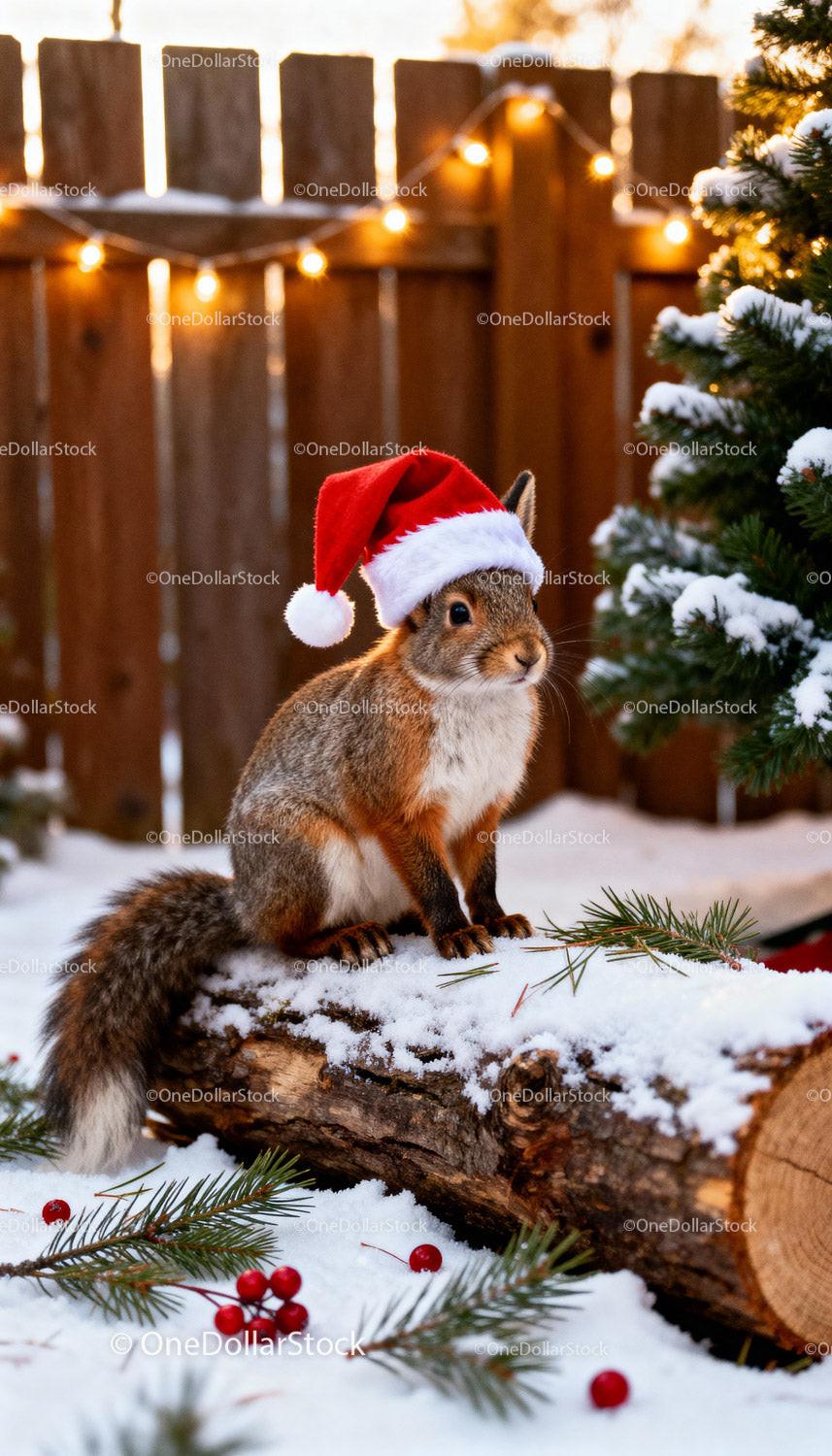 Squirrel in Santa Hat Sitting on Snowy Log