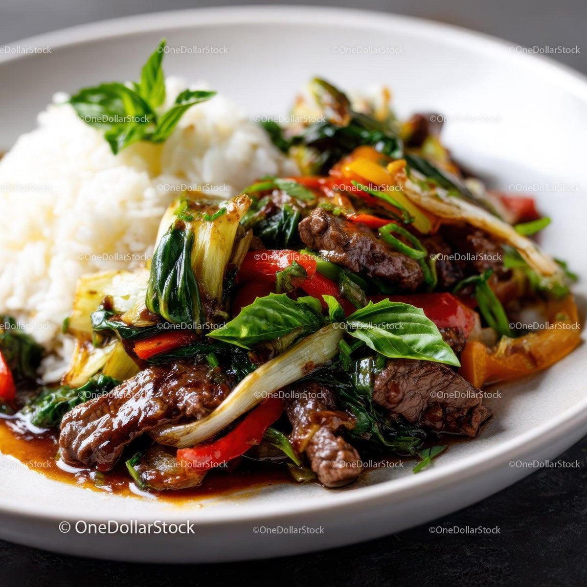 Colorful Stir-Fried Beef with Vegetables on a White Plate