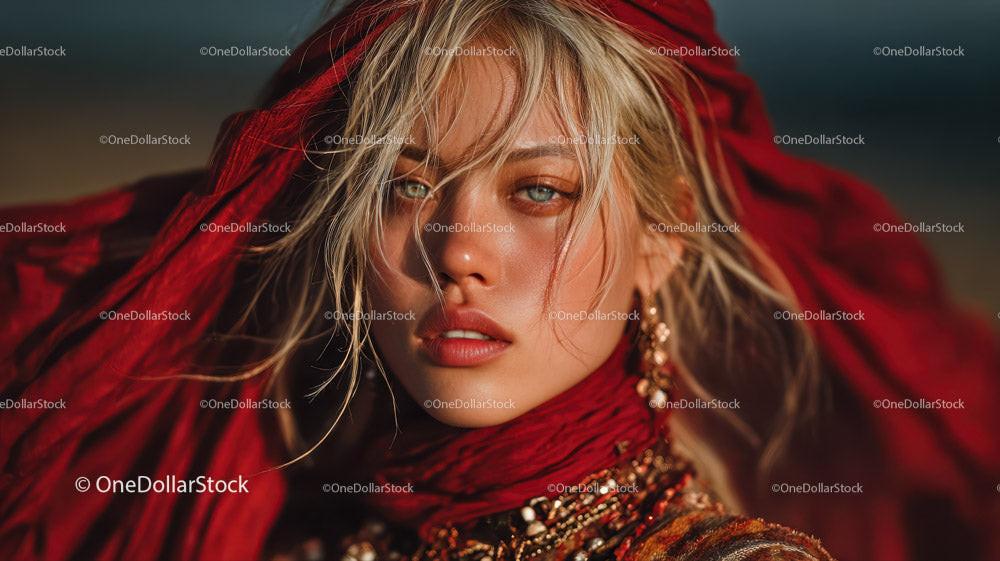 Vibrant Fashion Portrait of a Woman with Blue Eyes and Gold Jewelry