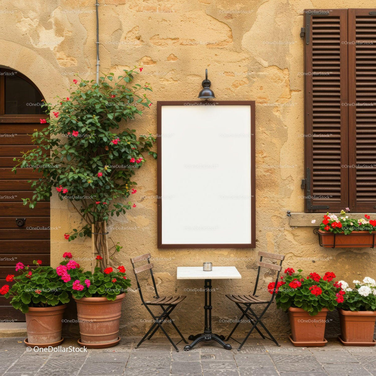 Cozy Outdoor Cafe Seating with Blossoming Flowers JPG Mockup Image preview